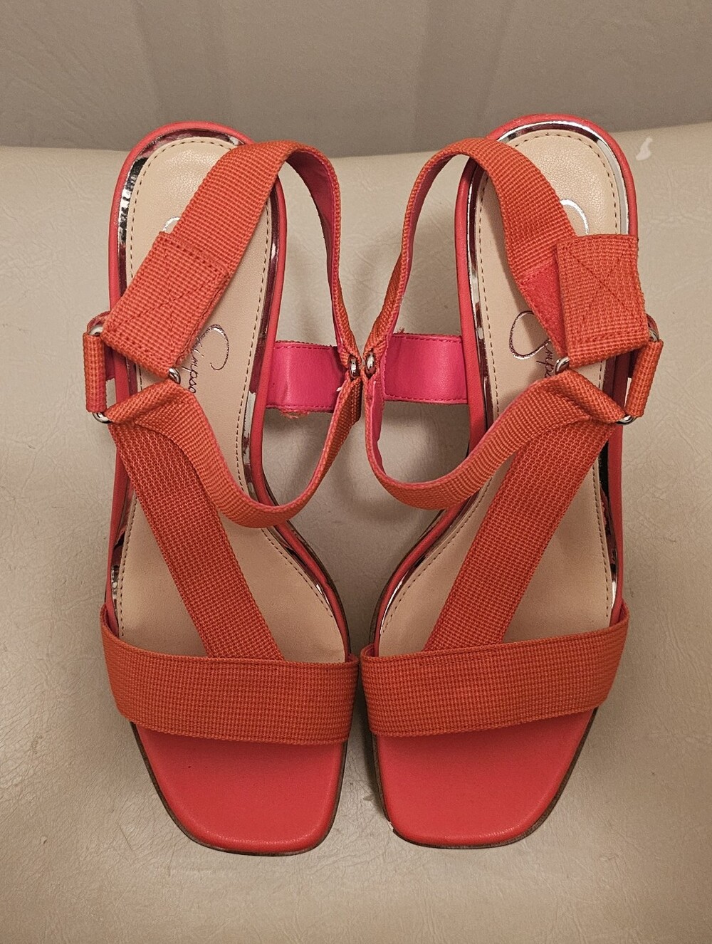 Jessica Simpson Amillia Orange Red Cork Wood Grain Platform Wedge Sandals Sz 10